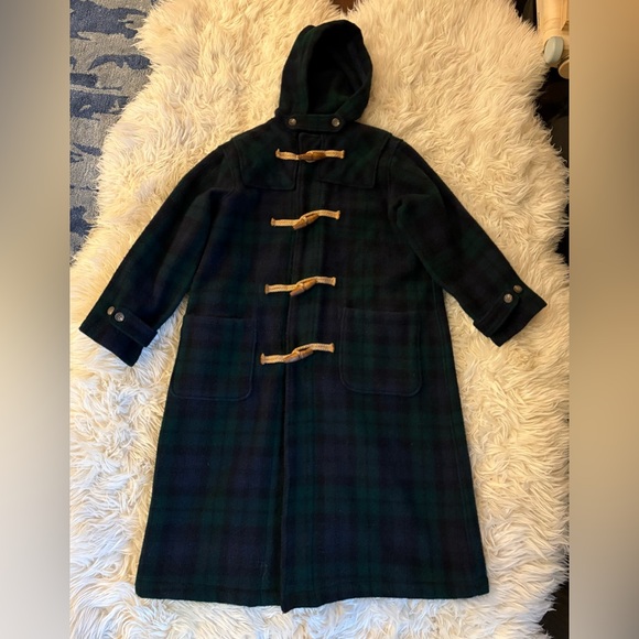 Polo Ralph Lauren Other - Vintage 90s Ralph Lauren Toggle Coat 100% Wool Duffle Green Plaid Long Overcoat